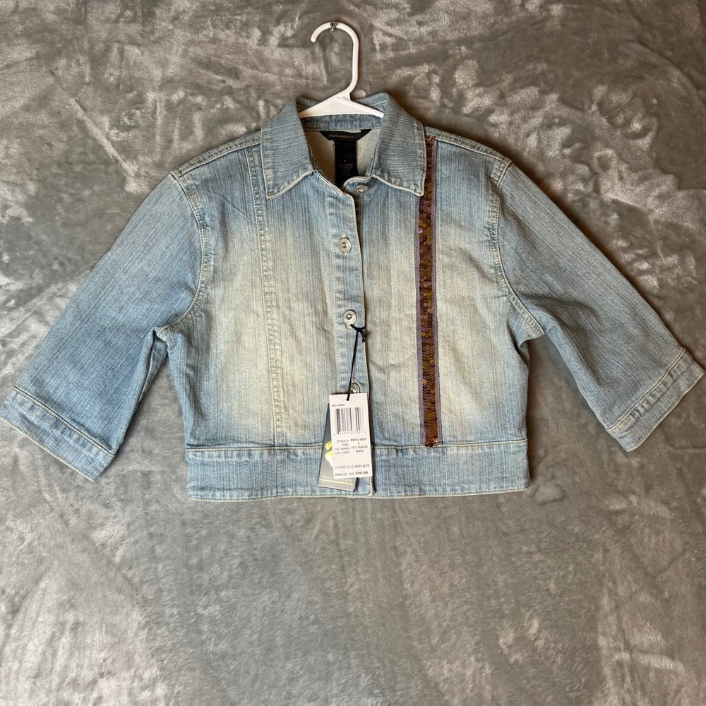 RocaWear Denim Jacket Kids Large 70s Wash Sequin Logo Cropped 3/4 Sleeve